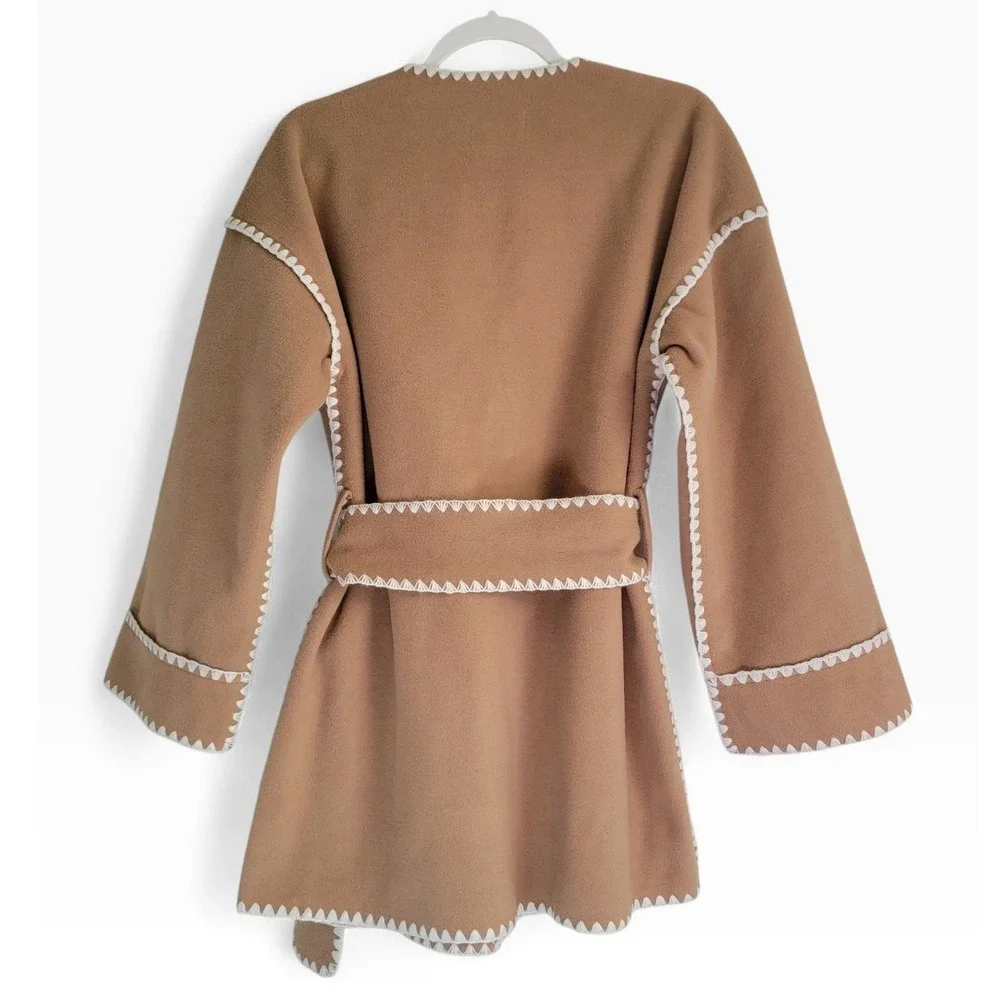 Greylin Camel Brown Blanket Stitch Wrap Jacket Tie Waist Coat Medium